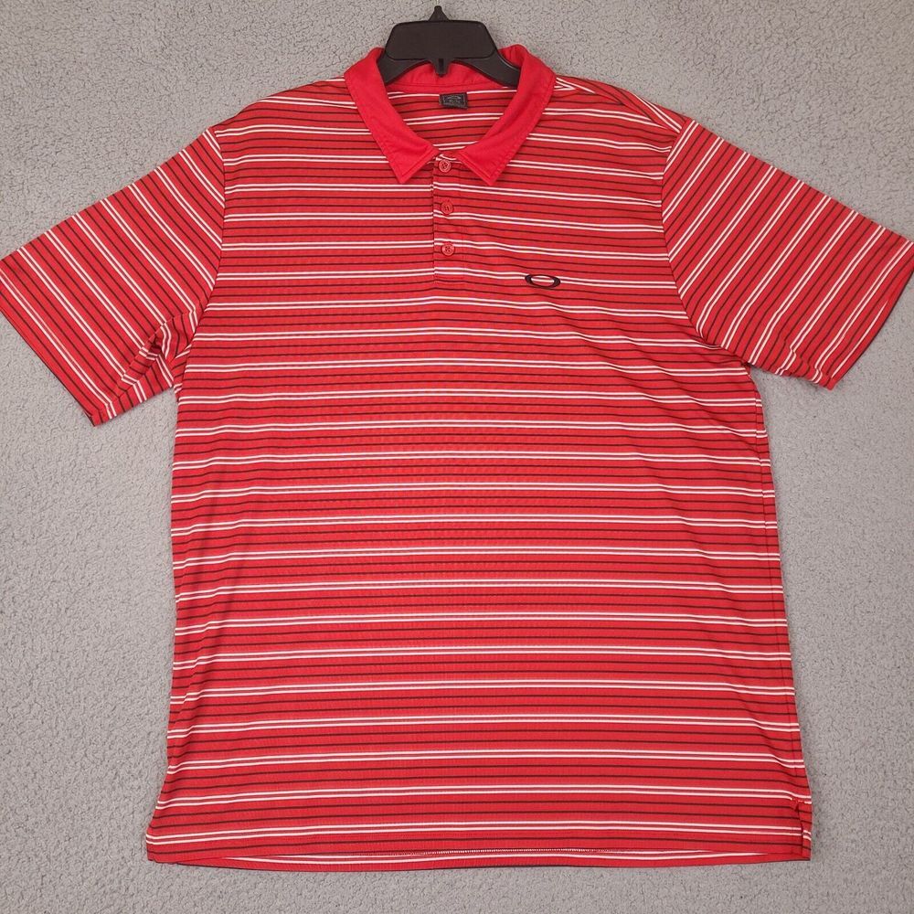 Vintage‎ Oakley Polo Shirt Mens XL Red Striped Golf Performance Short Sleeve